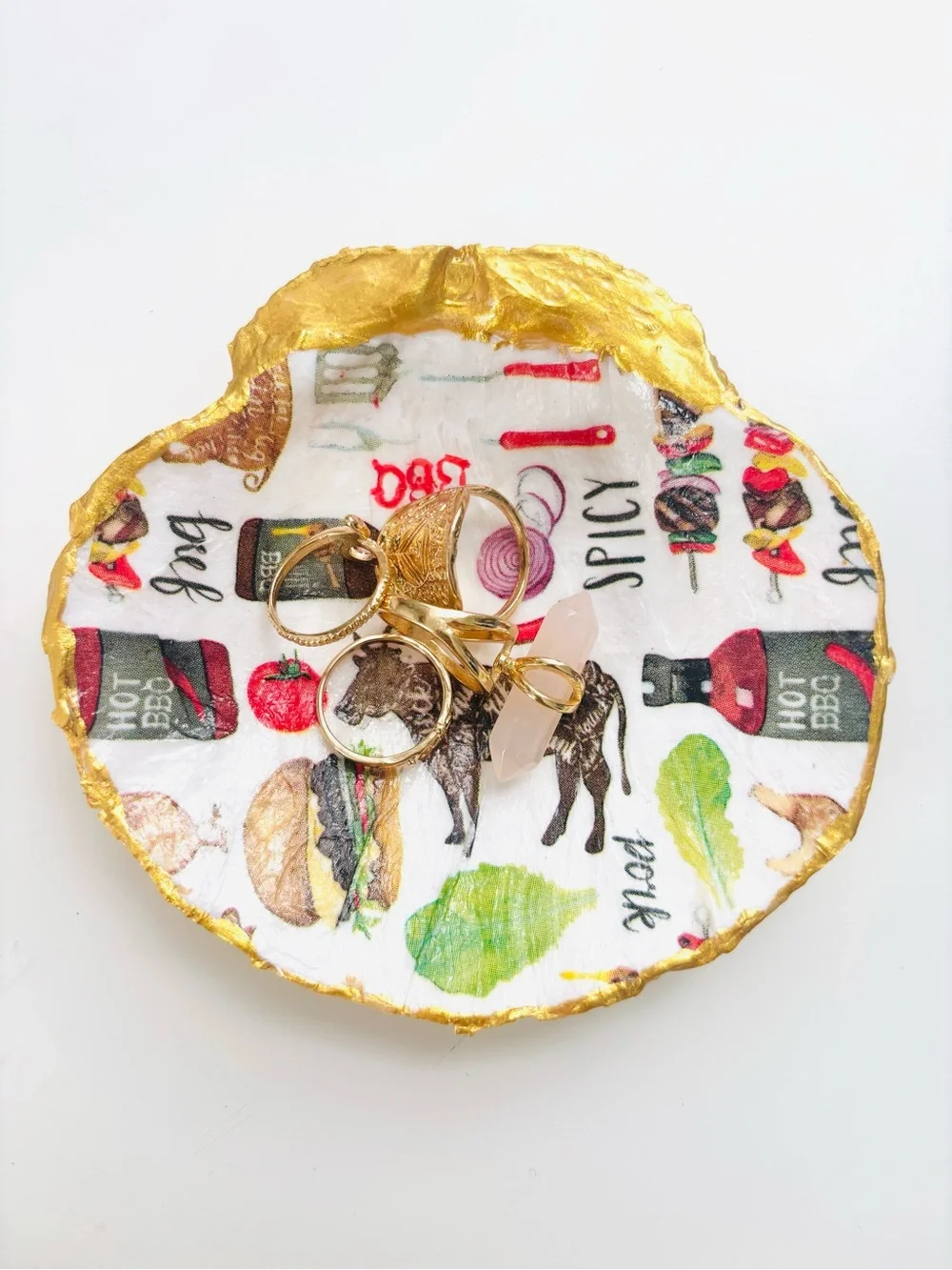 Handcrafted Scallop Shell Trinket Dish w/Grill Decoupage Design